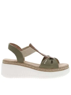 Sandales en tissu kakis et camel à talon compensé bas en gomme écrue