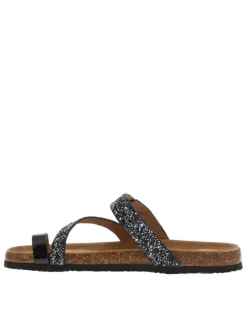 Sandales entre-doigts à glitter argent et noir, plates à première pur cuir