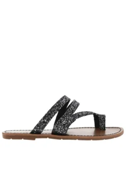 Sandales entre-doigts à glitter argent et noir, plates à première pur cuir