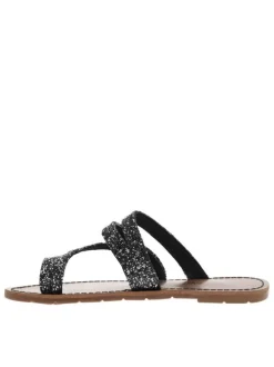 Sandales entre-doigts à glitter argent et noir, plates à première pur cuir