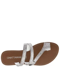 Sandales entre-doigts à glitter argenté, à semelle plate et première pur cuir