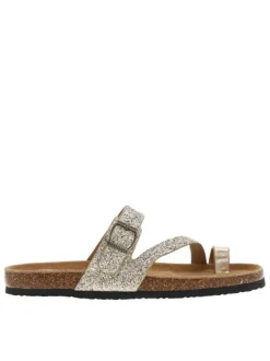 Sandales entre-doigts à glitter doré et or, plates à première pur cuir