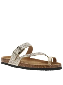 Sandales entre-doigts à glitter doré et or, plates à première pur cuir
