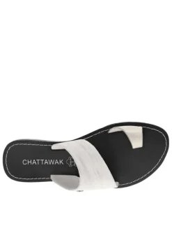 Sandales entre-doigts textile traité blanc argent, plate et à première pur cuir