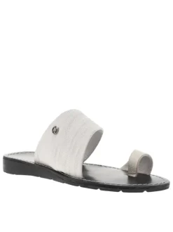 Sandales entre-doigts textile traité blanc argent, plate et à première pur cuir