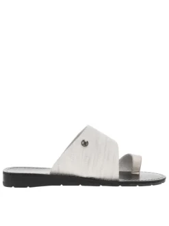 Sandales entre-doigts textile traité blanc argent, plate et à première pur cuir