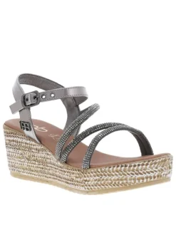 Sandales grises anthracite satinées à sangles à strass et à talon compensé
