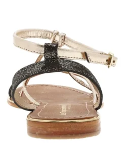 Sandales Hirondel noires en cuir avec talon plat et fermeture à boucle