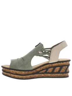 Sandales kakis et beiges avec une tige couvrante élastiquée et à talon compensé