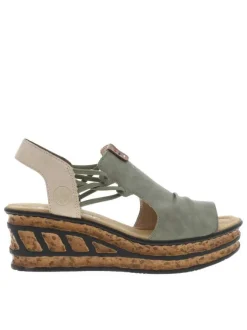 Sandales kakis et beiges avec une tige couvrante élastiquée et à talon compensé
