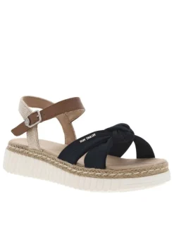 Sandales marine, beiges et marrons avec une sangle nouée et à talon compensé bas