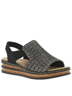 Sandales noires avec une tige en tressage élastiquée et à talon compensé bas