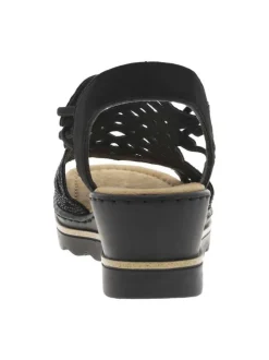 Sandales noires avec une tige élastiquée à petits strass et à talon compensé