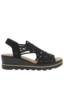 Sandales noires avec une tige élastiquée à petits strass et à talon compensé
