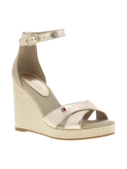 Sandales or roses avec le logo brodé en petit et à talon compensé haut