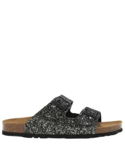 Sandales à sequins noirs brillant à semelle liège résiné et boucles à ardillons