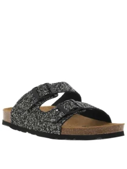 Sandales à sequins noirs brillant à semelle liège résiné et boucles à ardillons