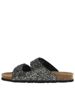 Sandales à sequins noirs brillant à semelle liège résiné et boucles à ardillons