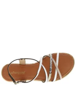 Sandales à talon plat Harry blanches en cuir avec liseré métallique doré autour de la semelle