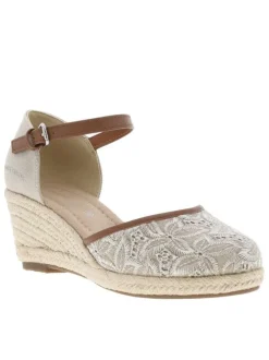Sandales taupe avec des fleurs brodées à l'avant et à talon compensé