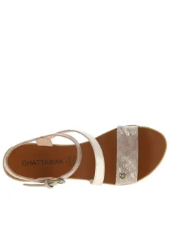 Sandales taupe avec des reflets or à talon compensé haut et à boucle à ardillon