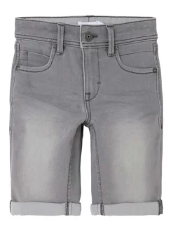 Short à 5 poches en coton gris uni avec une fermeture zippée et bouton
