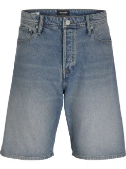 Short 5 poches en coton bleu délavé à coupe baggy avec jacron beige