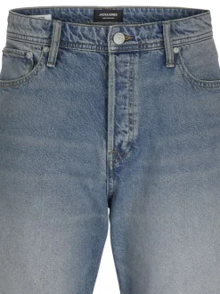 Short 5 poches en coton bleu délavé à coupe baggy avec jacron beige