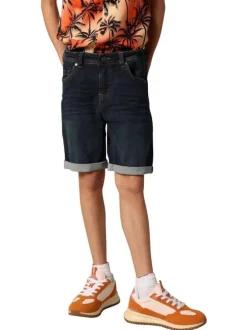 Short 5 poches en coton bleu uni à coupe regular fit avec des passants