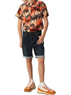 Short 5 poches en coton bleu uni à coupe regular fit avec des passants