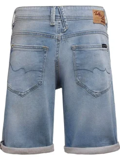 Short 5 Poches en coton bleu uni à coupe droite et avec un patch d'authenticité