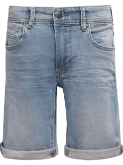 Short 5 Poches en coton bleu uni à coupe droite et avec un patch d'authenticité