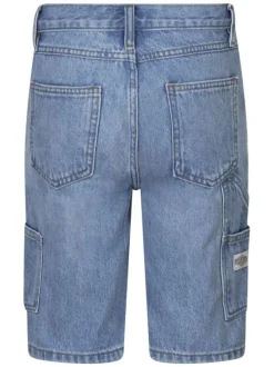 Short 5 poches en coton bleu uni à coupe droite et avec un patch d'authenticité