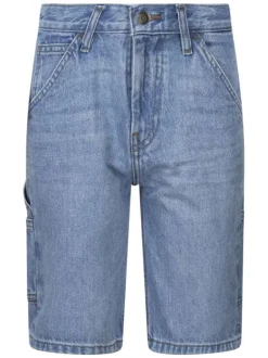Short 5 poches en coton bleu uni à coupe droite et avec un patch d'authenticité