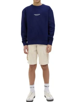 Short cargo en coton écru uni avec une coupe droite et une taille élastiquée