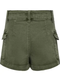 Short Cargo en coton mélangé kaki uni avec poches et passants pour ceinture