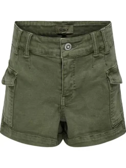 Short Cargo en coton mélangé kaki uni avec poches et passants pour ceinture