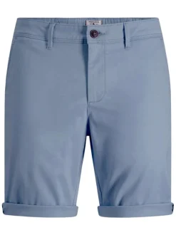 Short Chino bowie en coton bleu uni avec une coupe droite et un ourlet aux cuisses