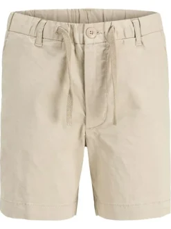 Short chino en coton beige uni à coupe ample avec 4 poches et cordon