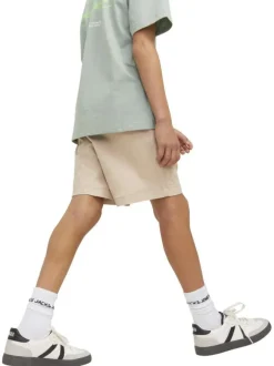 Short chino en coton beige uni à coupe ample avec 4 poches et cordon