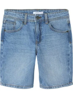 Short denim 5 poches bleu délavé en coton avec une coupe droite