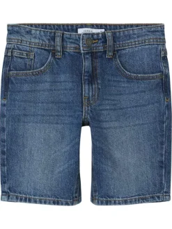 Short denim 5 poches en coton bleu indigo uni avec une coupe regular fit