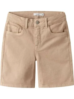 Short en coton beige uni pourvu d'une coupe droite et d'une taille ajustable