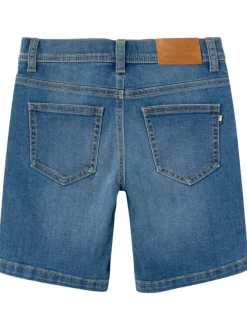 Short en coton biologique mélangé bleu uni avec une coupe droite
