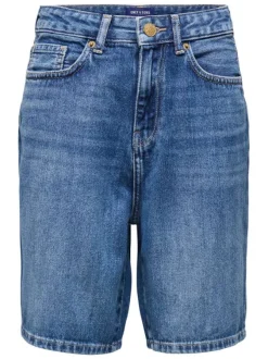 Short en coton biologique bleu uni à coupe droite muni d'un zip et d'un bouton