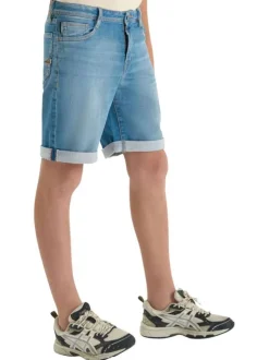 Short en coton bleu à coupe droite pourvu de multiples poches