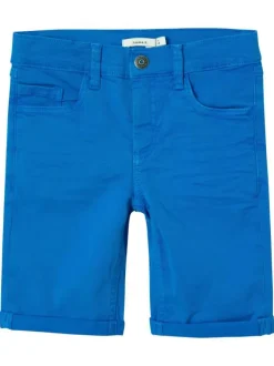 Short en coton bleu électrique uni avec une coupe droite et des poches