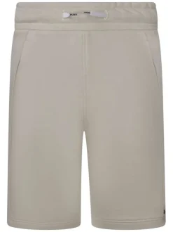 Short en coton mélangé beige uni avec une coupe droite et une taille élastiquée