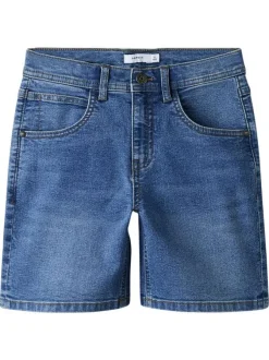 Short en coton mélangé bleu uni pourvu d'un effet délavé et de multiples poches