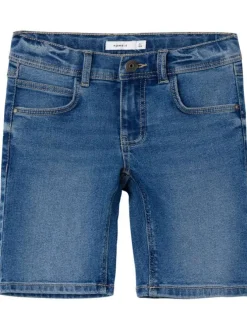 Short en coton mélangé indigo uni avec 5 poches et une coupe droite